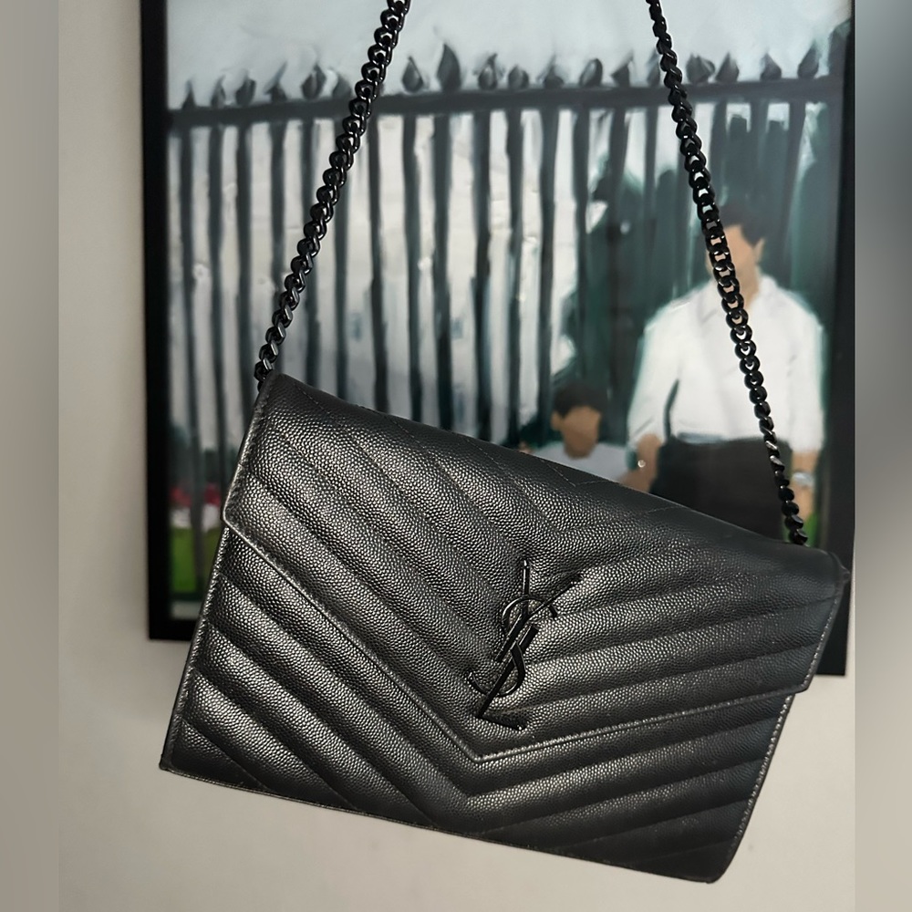 SAINT LAURENT Grain De Poudre Matelasse Chevron Monogram Chain Wallet